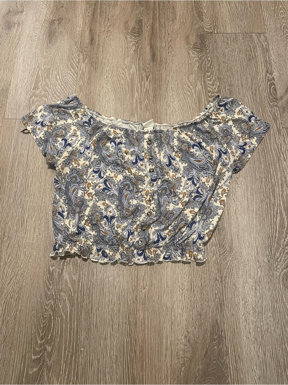 H&M Blue and Cream Paisley Off-Shoulder Crop Top